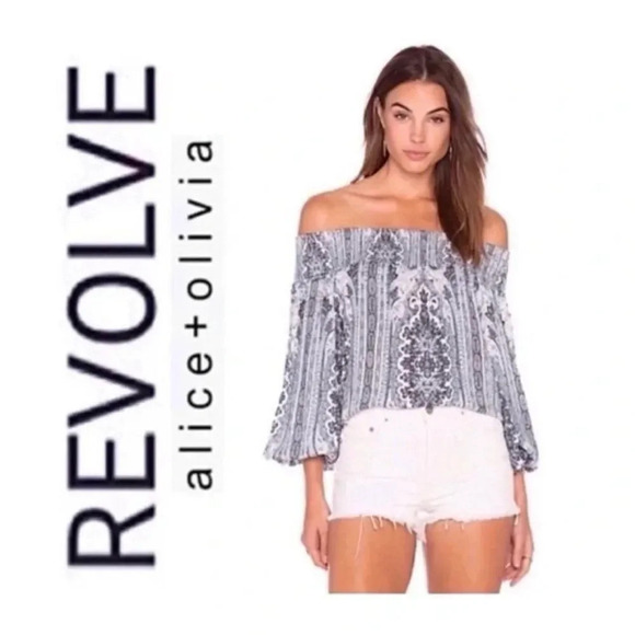 ALICE + OLIVIA Viola Off the Shoulder Blouse Size Extra Small Blue Smocked - Picture 1 of 11